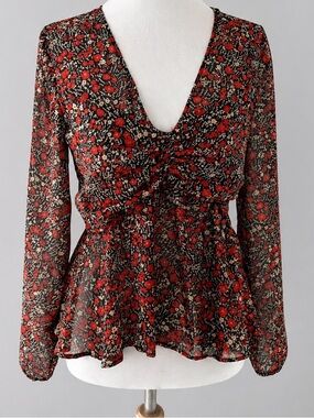 Zara Sheer Floral Blouse Ruched Front Black Red NWT